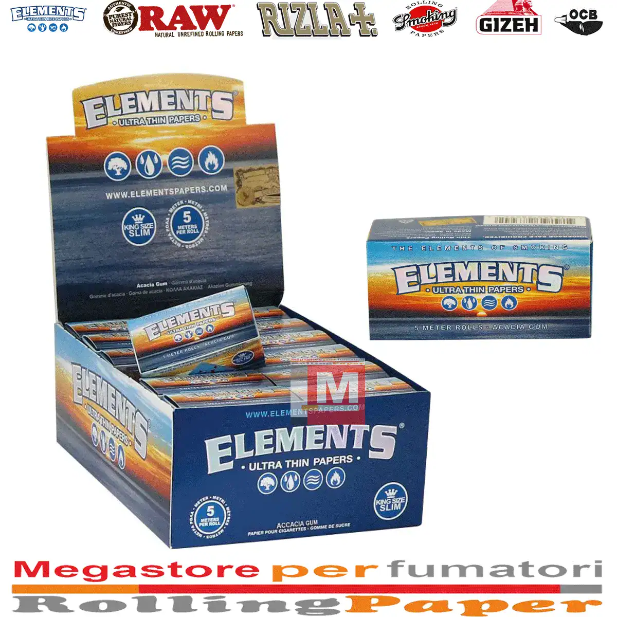 Elements Rolls Ultra Sottili 5 Metri Lunghe Rullo King Size Slim Elements Rolls Ultra Sottili 5 Metri Lunghe Rullo King Size Slim