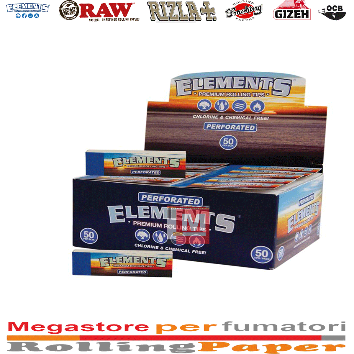 Elements tips slim perforati blocchetti con linea guida 50 pezzi Filtri carta Elements tips slim perforated 50 blocchetti