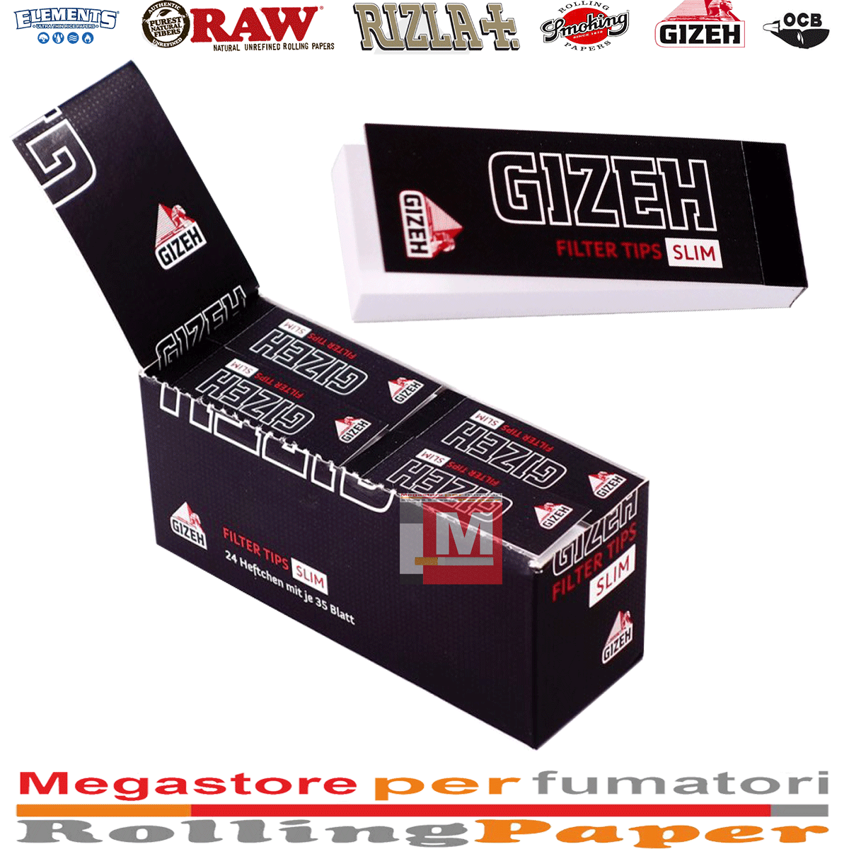 Gizeh filtri tips slim neri perforati cartoncino 24 pezzi Filtri Gizeh black tips slim perforati 24 blocchetti