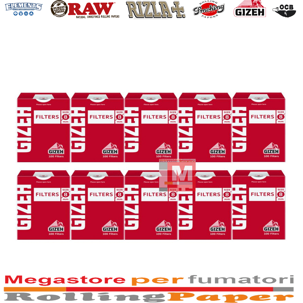 Gizeh filtri regular 8mm rossi con dosatore 1000 pezzi Filtri Gizeh red regular 8mm dosatore 10 astucci 100 filtri