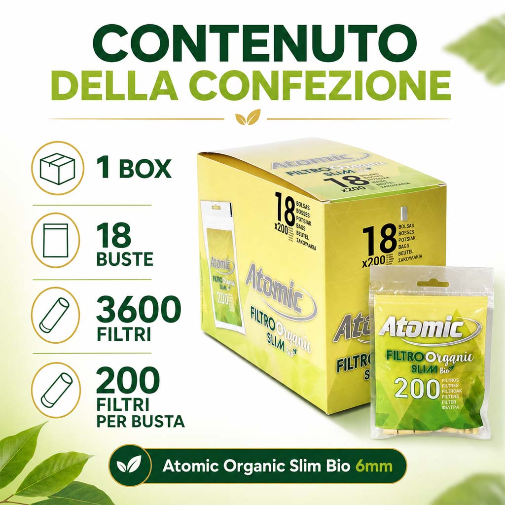 Filtri Atomic Organic Slim 6mm Bio Naturali – 18 Buste x 200 Filtrini (Totale 3600 Filtri Originali)