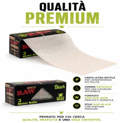Rotoli RAW Black Organic Hemp 3 Metri Non Sbiancati – Scatola da 12 Rotoli Originali