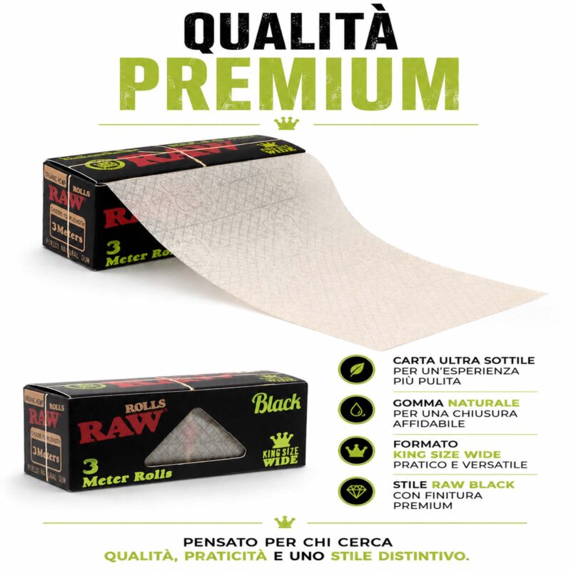Rotoli RAW Black Organic Hemp 3 Metri Non Sbiancati – Scatola da 12 Rotoli Originali
