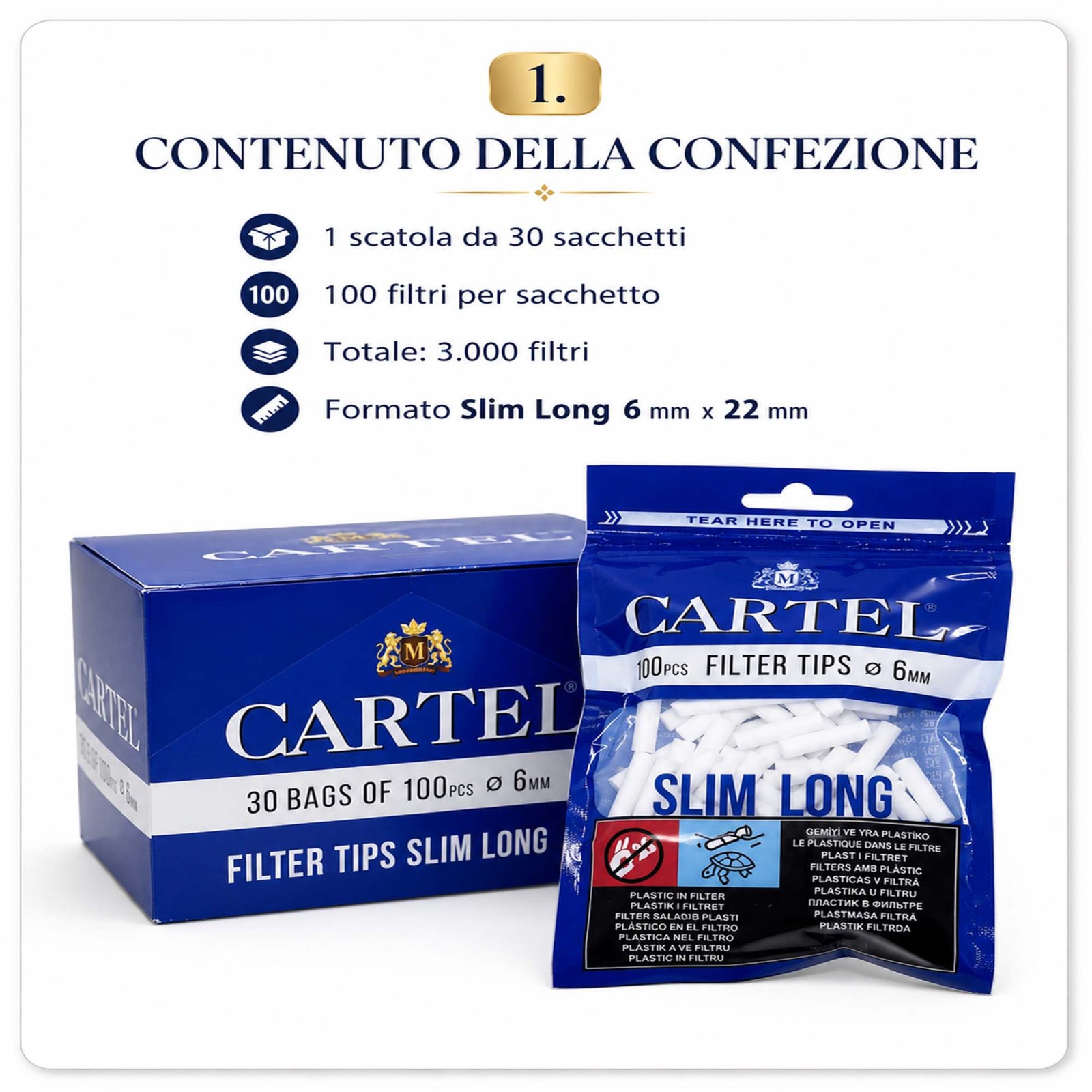 Filtri Cartel Lungo Slim 6mm 22mm Size Long – 30 Bustine da 100 Filtrini (Totale 3000 Filtri Originali) , 2