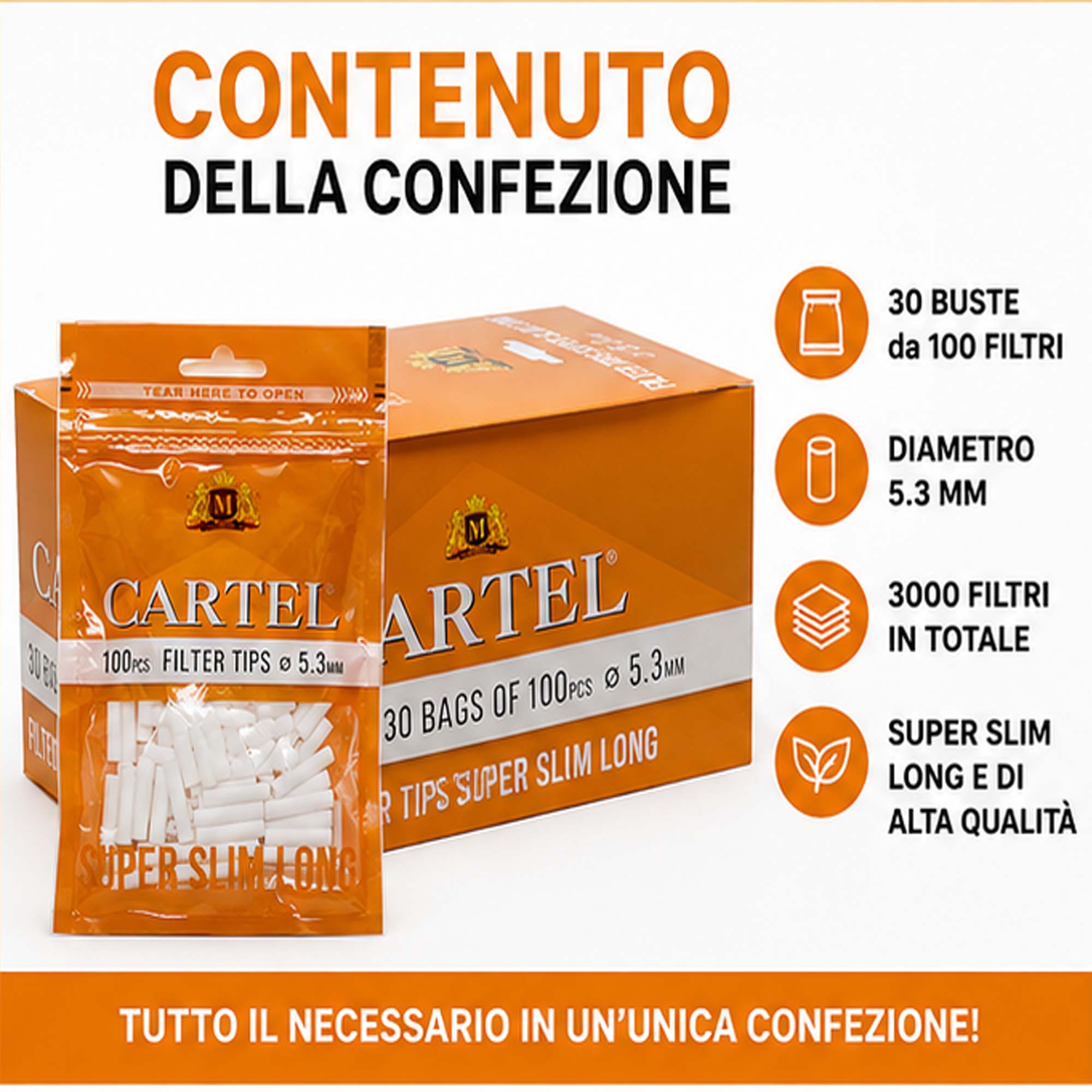 Filtri Cartel Lungo Super Slim 5,3mm 22mm Size Long – 30 Bustine da 100 Filtrini