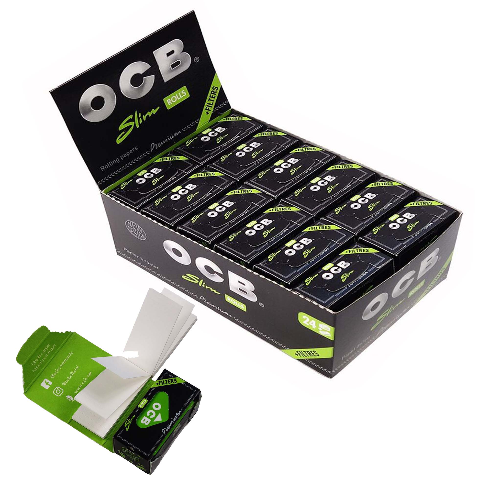 OCB Schwarz Premium Rolls Slim Endlospapier 4m mit Filter Tips Box 24 Rollen