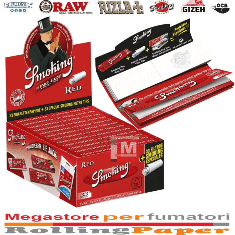 Smoking Rot King Size Slim Longpapers mit Filter Tips Box 24 Heftchen