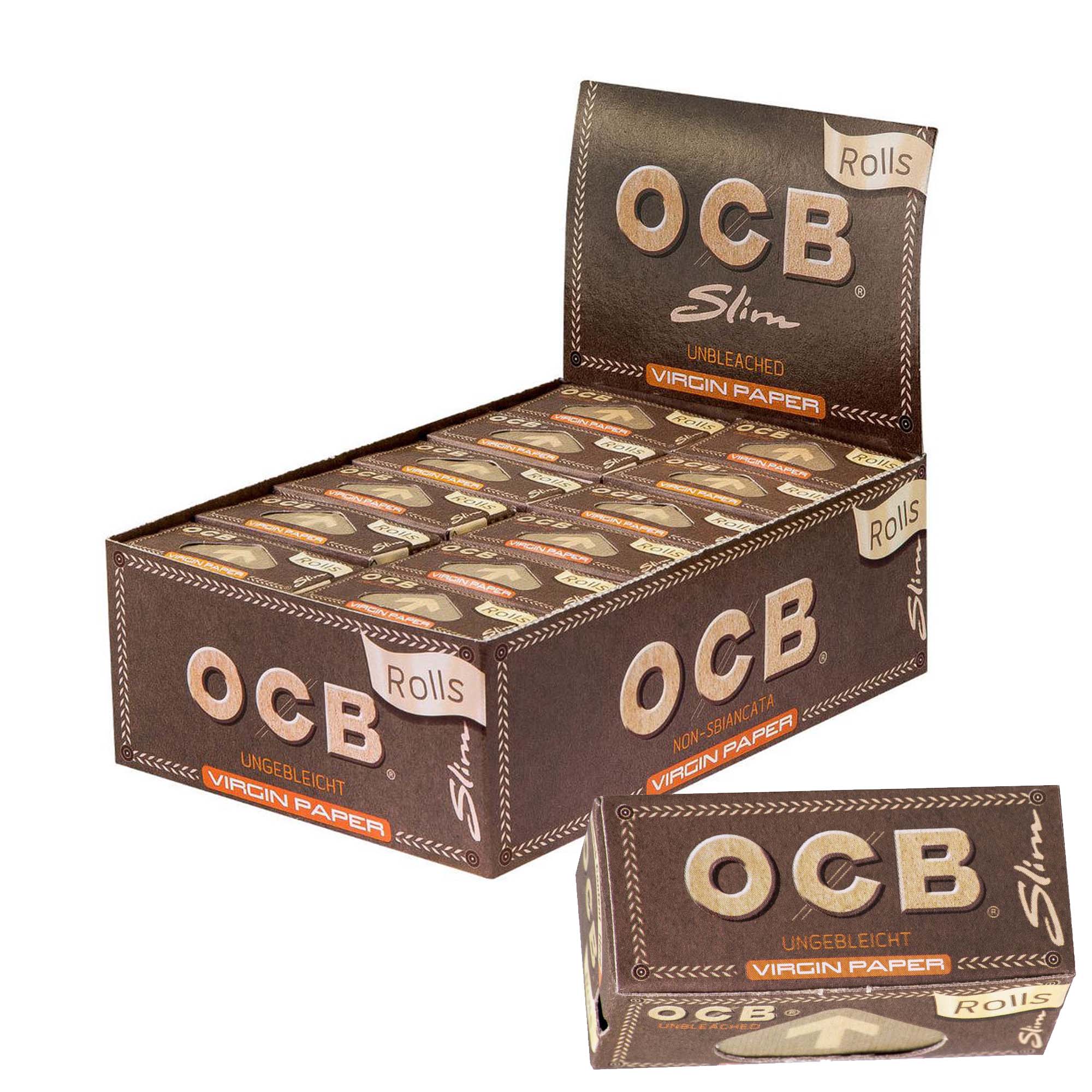 ocb-virgin-rolls-slim-box-24 OCB Virgin Rolls Slim Endlospapier Box 24 Rollen