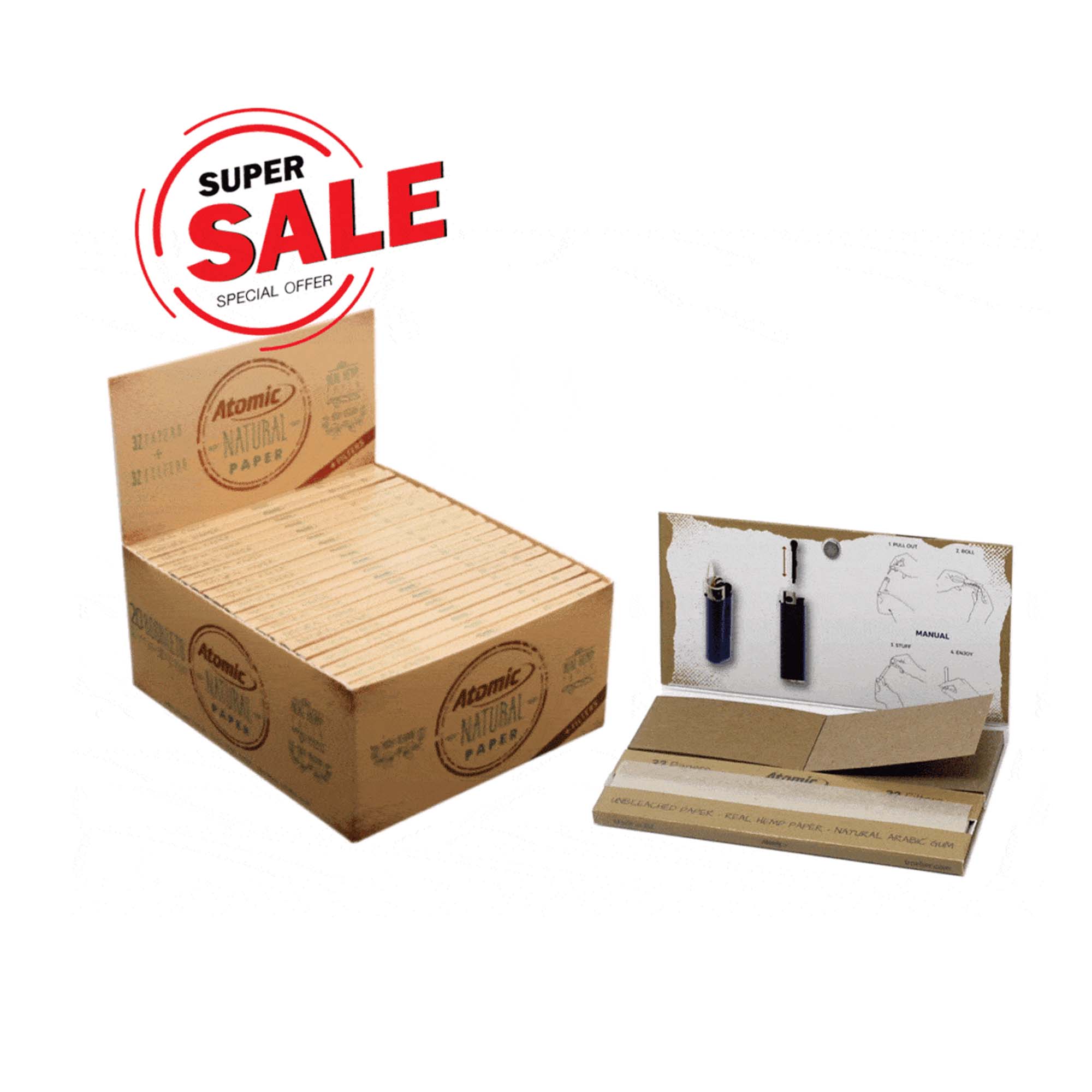 Atomic Natural Maxi Pack King Size Slim Longpapers mit Filter Tips Box 20 Heftchen