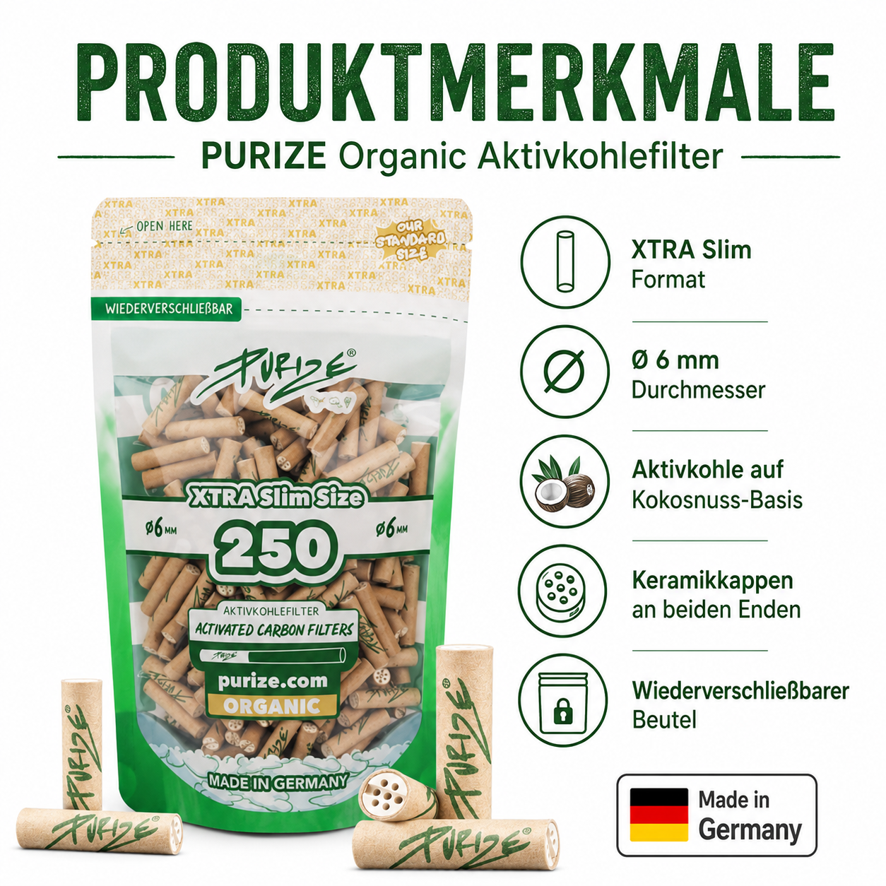 Purize Organic Öko Bio Extra Slim Aktivkohlefilter 6mm (1 Beutel x 250 Filter)
