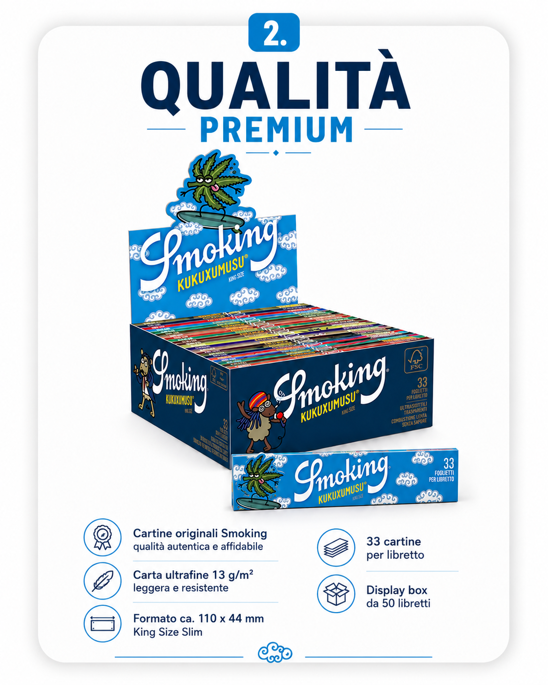 Cartine Smoking® Kukuxumusu Lunghe Ultra Fine King Size Slim – confezione da 50 libretti originali