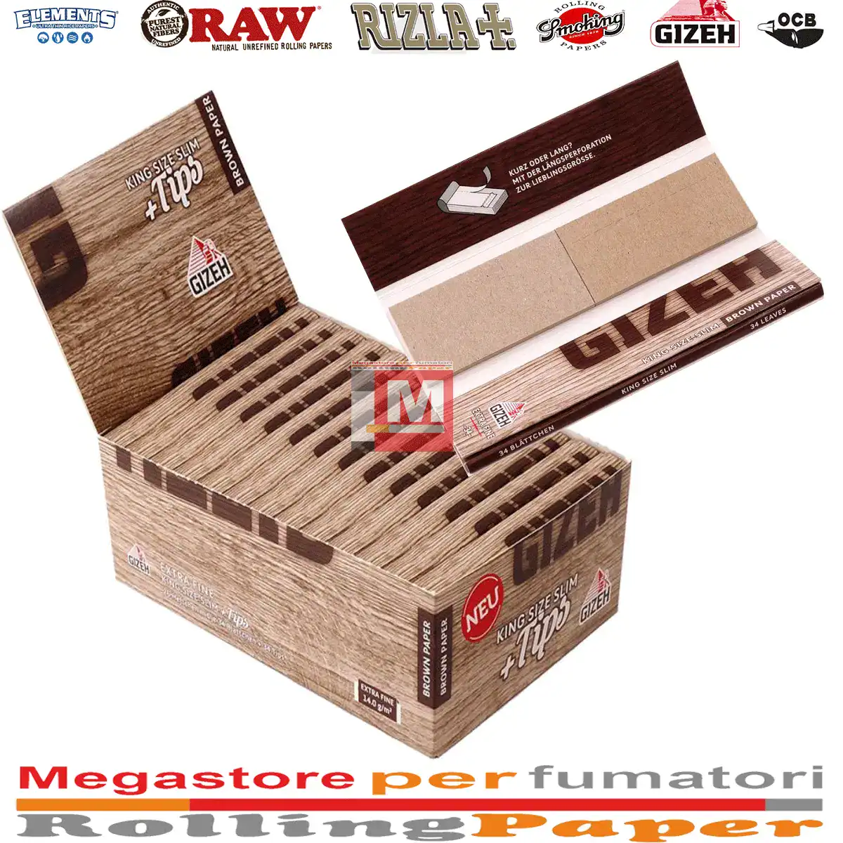 Gizeh Braun Ungebleicht King Size Slim Longpapers mit Filter Tips Box 26 Heftchen