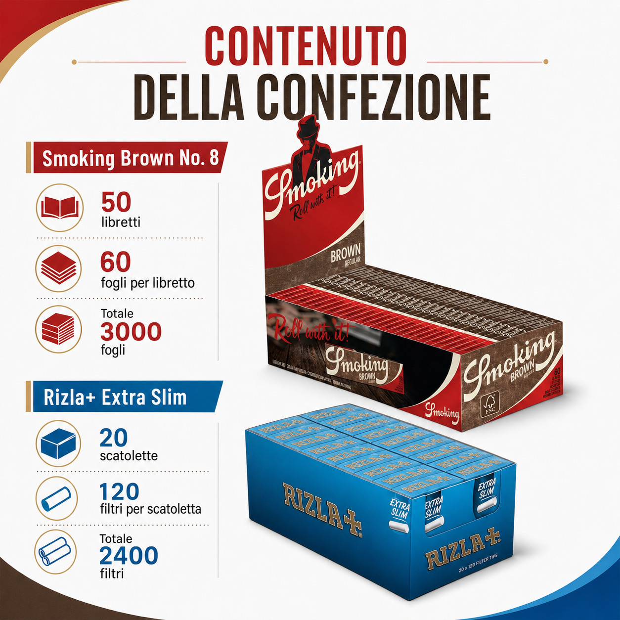 Smoking Marroni Cartine Corte 50 Libretti + Rizla Filtri Ultra Slim 5,7mm