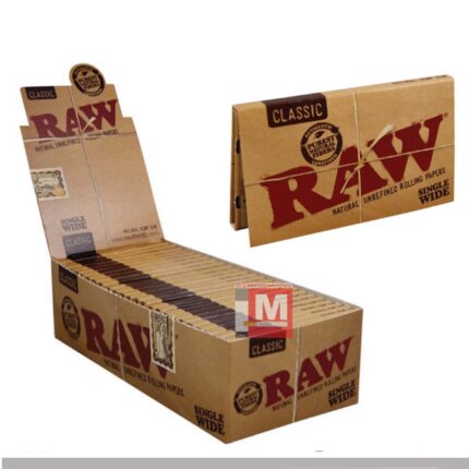 RAW Classic Courtes Feuilles à rouler Double Wide boîte présentoir de 25 carnets unbleached