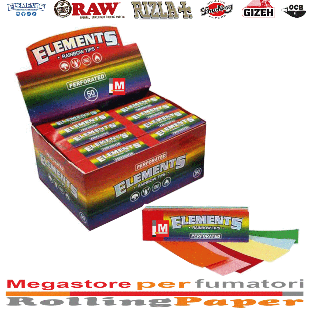 Elements Rainbow Filtres en Carton Slim Perforated Tips boîte présentoir de 50 carnets de 50 tips colorés