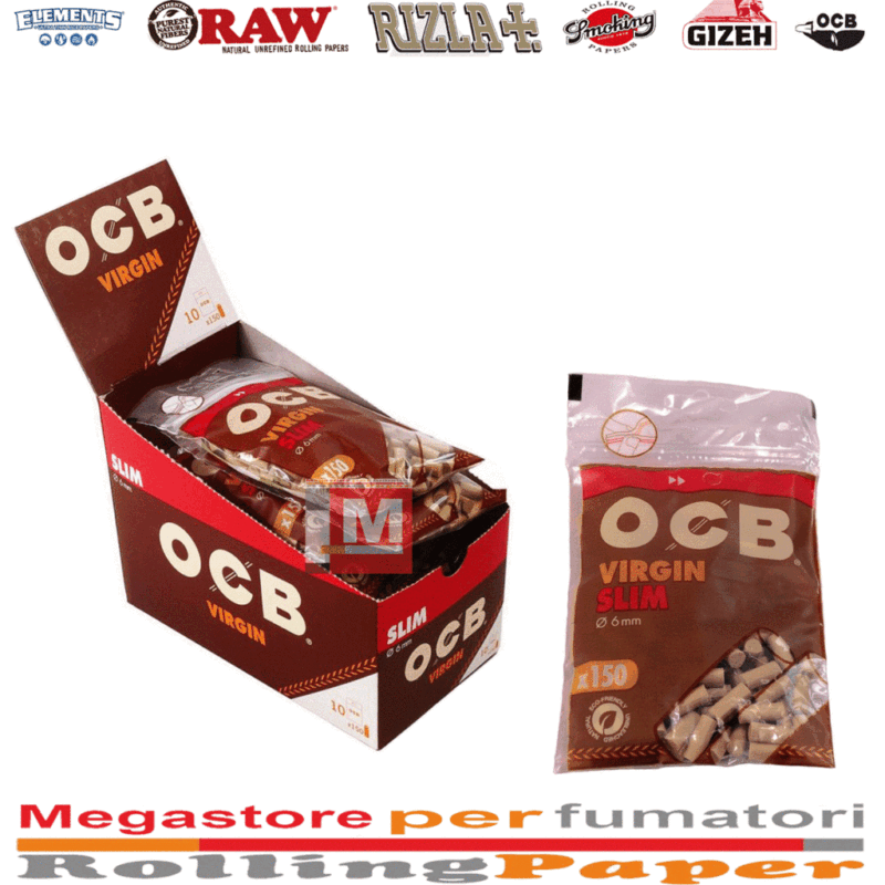 OCB Virgin Filtres Slim 6mm Unbleached en Cellulose boîte présentoir de 10 sachets de 150 filtres marrons non blanchis