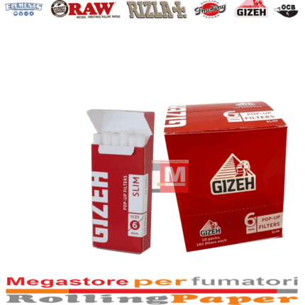 Gizeh Red Filtres Slim 6mm en Sticks Pop-Up boîte présentoir de 10 étuis de 102 filtres blancs pré-découpés