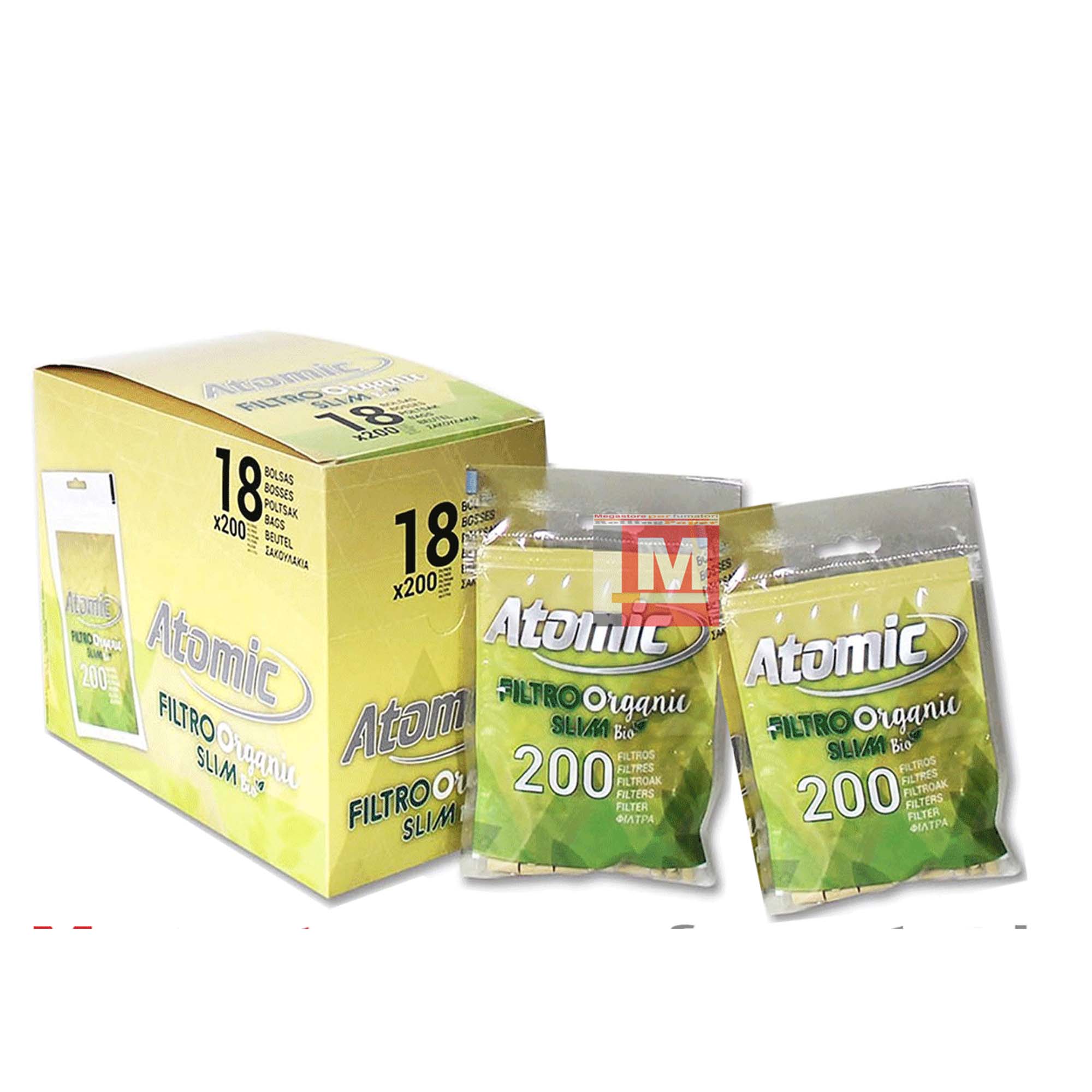 Atomic Organic Filtres Slim 6mm Biodégradables Unbleached boîte présentoir de 18 sachets de 200 filtres marrons non blanchis
