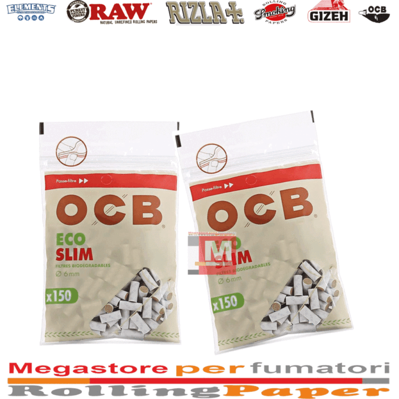 OCB Eco Filtres Slim 6mm Biodégradables Virgin boîte présentoir de 20 sachets de 120 filtres marrons non blanchis