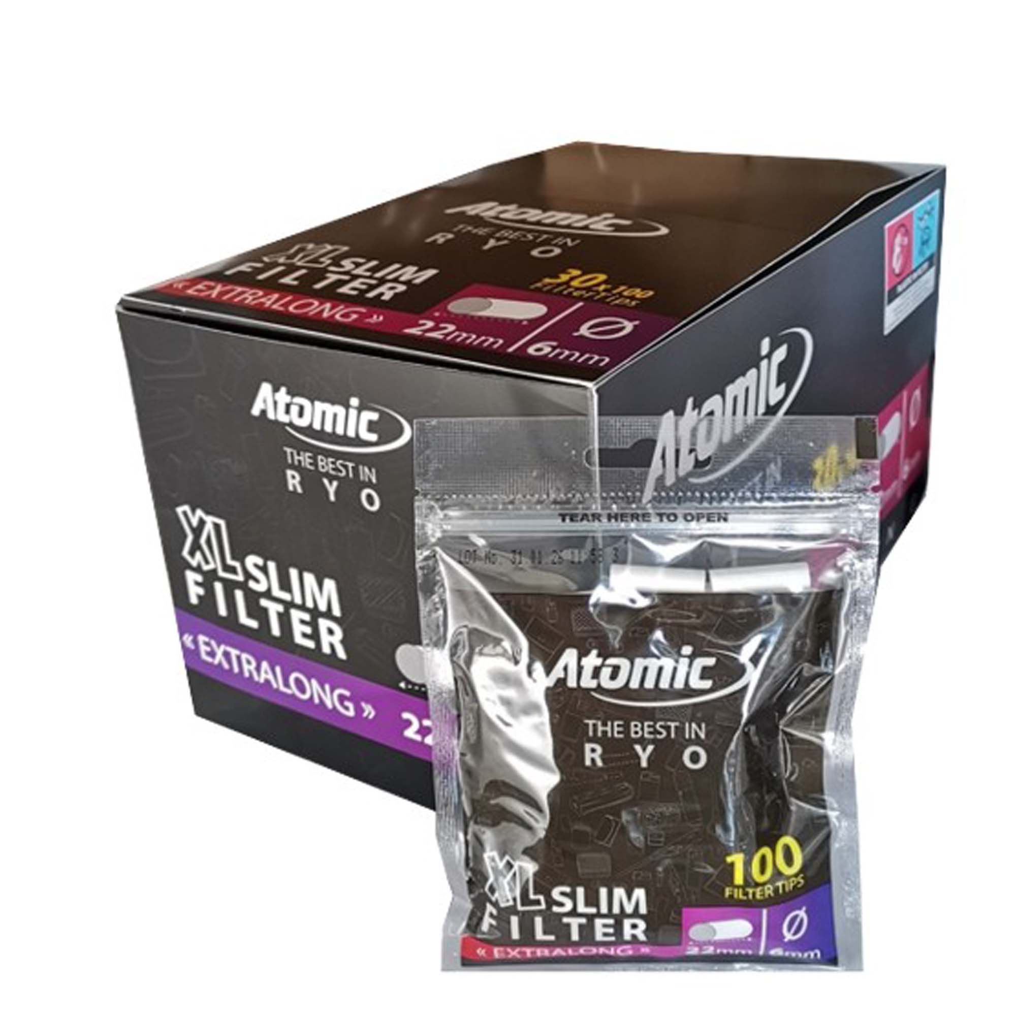 Atomic Filtres Slim Long 6mm en Acétate Extra Long boîte présentoir de 30 sachets de 100 filtres blancs allongés 22mm