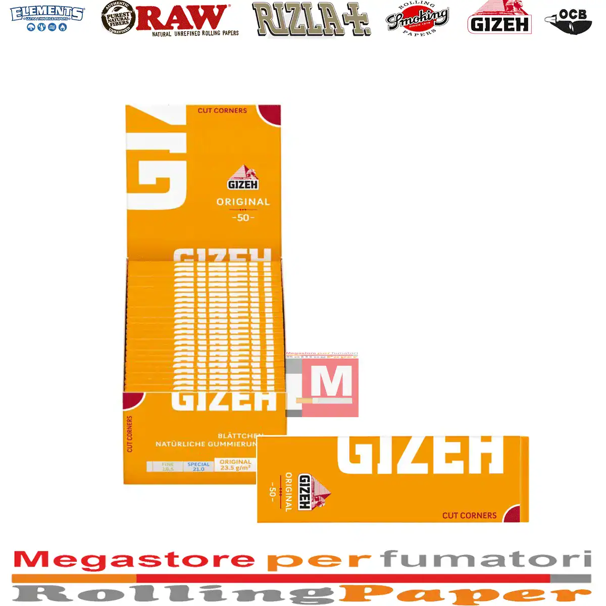 Gizeh Yellow Original Courtes Feuilles à rouler boîte présentoir de 50 carnets à coins coupés