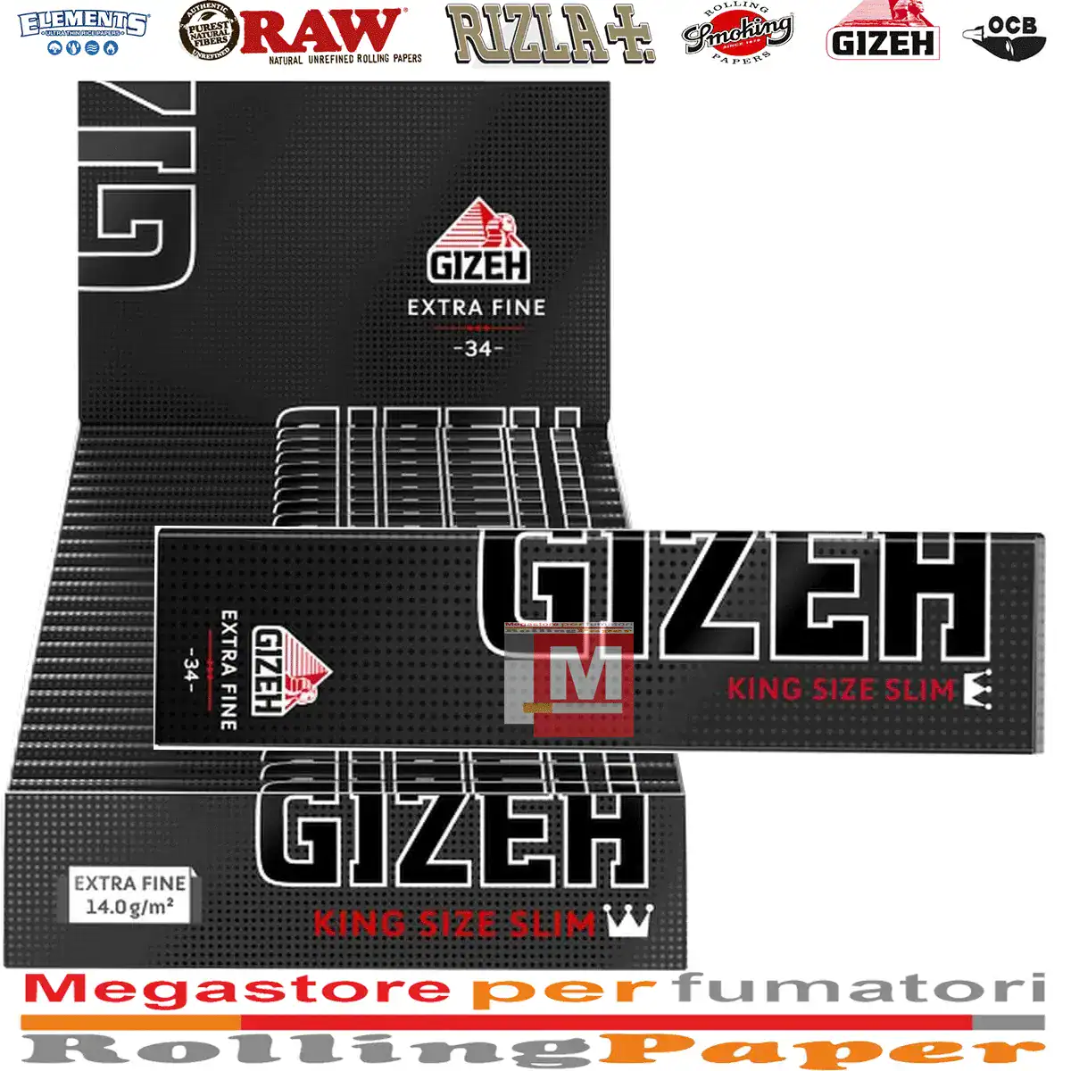 Gizeh Noir Extra Fin King Size Slim Feuilles à rouler boîte présentoir de 25 carnets avec fermeture magnétique