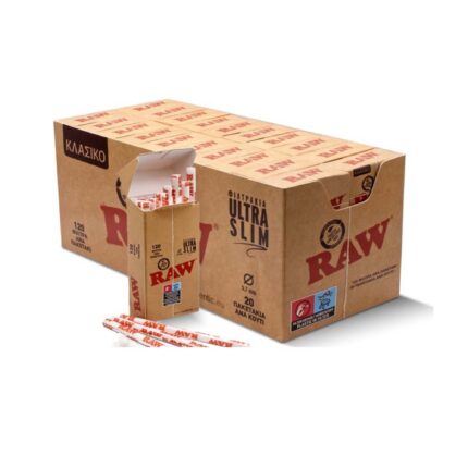 RAW Cellulose Filtres Extra Slim 5.7mm Non Blanchis boîte présentoir de 20 sachets de 120 filtres marrons non blanchis
